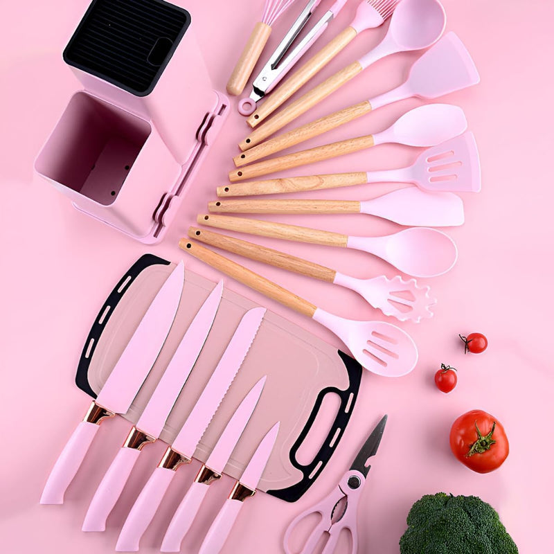 Conjunto de Utensílios de Cozinha 19 Peças em Silicone com Cabo de Madeira, Livre de BPA, Antiaderente e Resistente ao Calor (Branco)