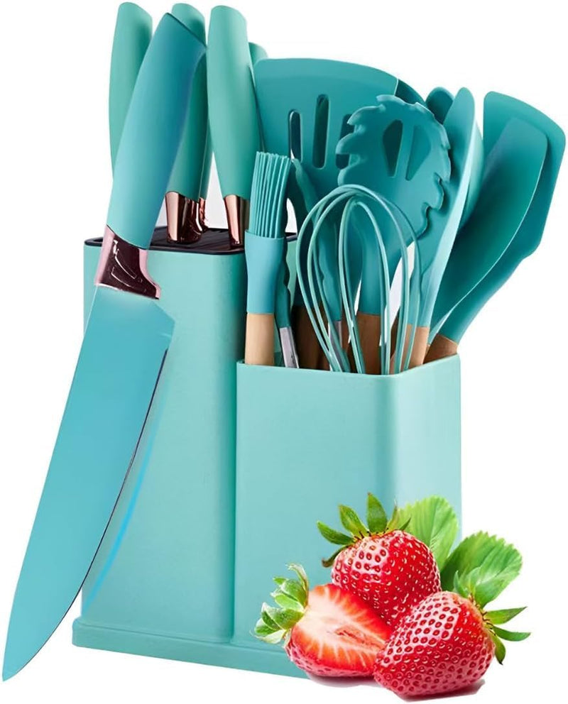 Conjunto de Utensílios de Cozinha 19 Peças em Silicone com Cabo de Madeira, Livre de BPA, Antiaderente e Resistente ao Calor (Branco)