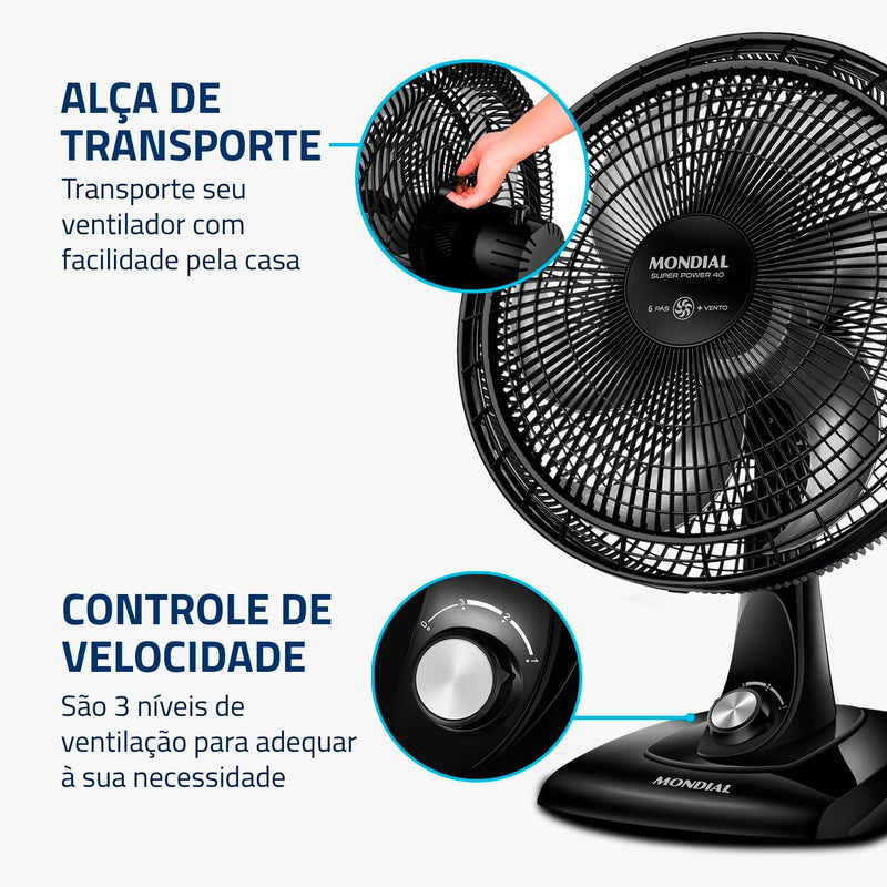 MONDIAL Ventilador de Mesa 40cm Super Power, Preto/Prata, 140W, 110V - VSP-40-B