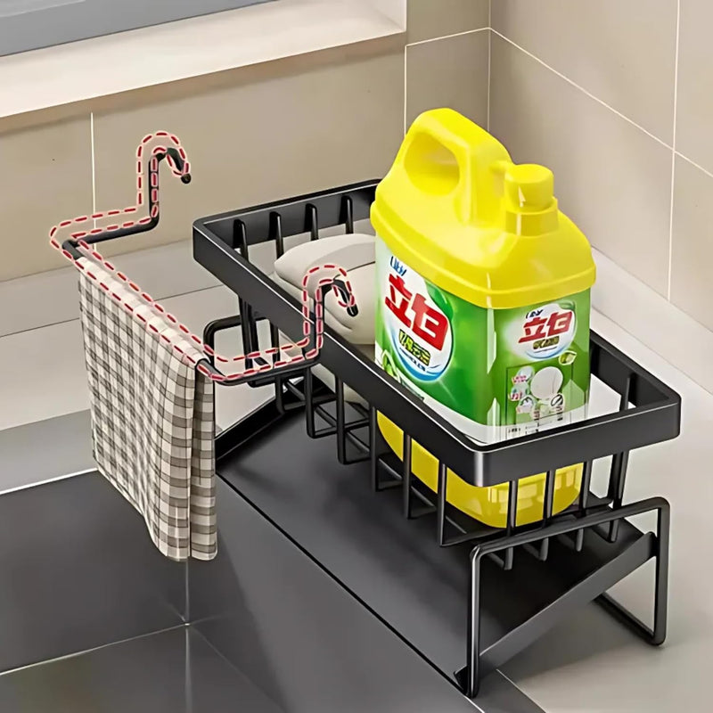 Suporte Organizador de Pia em Aço Carbono Preto | Porta Esponja, Sabão e Pano com Bandeja Antiferrugem | Instalação Sem Furos, Design Moderno e Compacto para Cozinha
