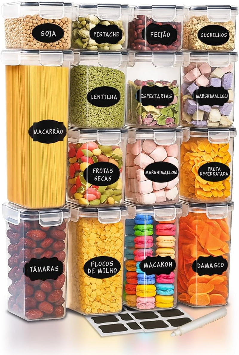 Kit Com 15 Potes Herméticos para Mantimentos, Plástico PP Transparente com Tampa Easy Lock, para Organização de Cozinha e Casa, Certificado CE e FDA