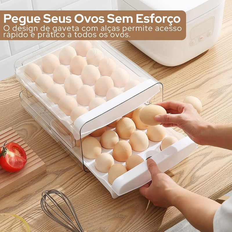 Porta Ovos Organizador 32 Unidades para Geladeira, Casa e Cozinha – Caixa Acrílica Transparente 2 Andares, Empilhável, BPA Free, Ovos Frescos e Organizados | Premium InoVibes