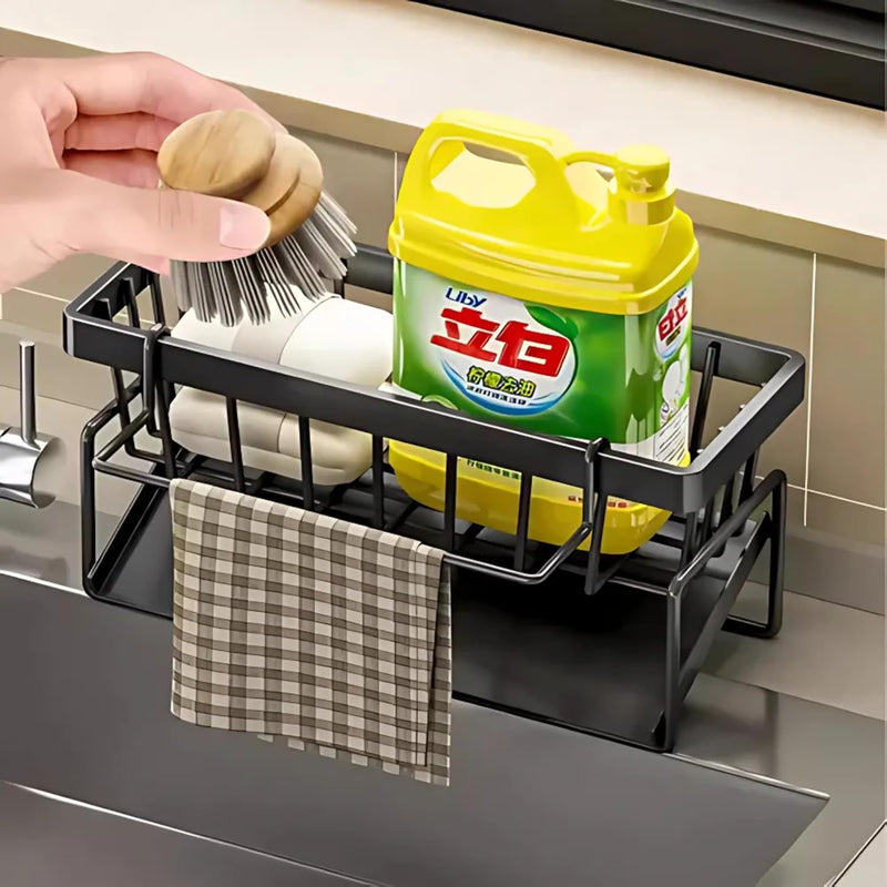 Suporte Organizador de Pia em Aço Carbono Preto | Porta Esponja, Sabão e Pano com Bandeja Antiferrugem | Instalação Sem Furos, Design Moderno e Compacto para Cozinha