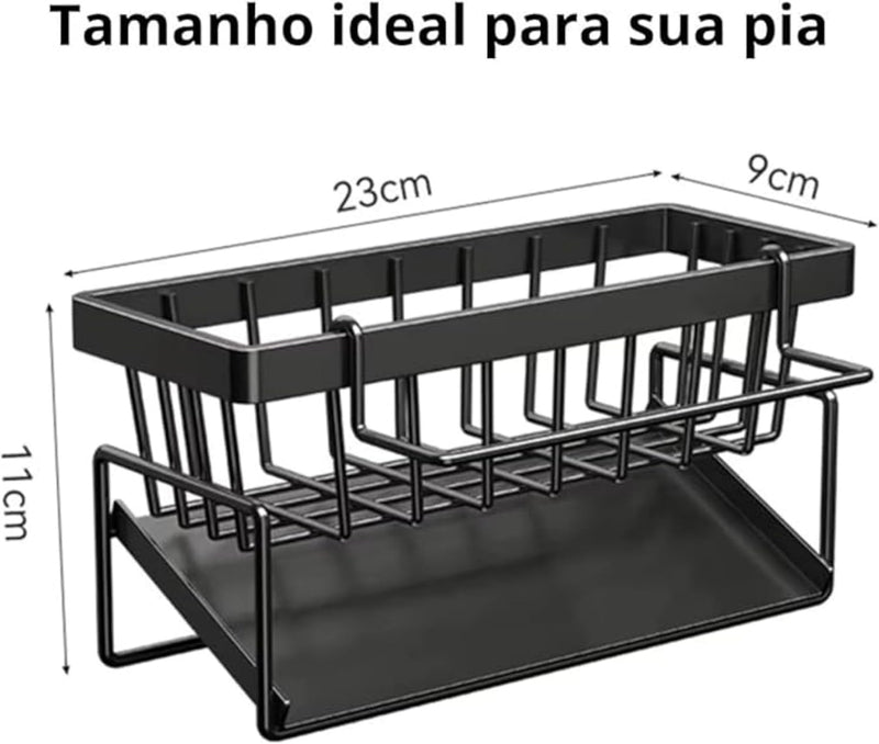 Suporte Organizador de Pia em Aço Carbono Preto | Porta Esponja, Sabão e Pano com Bandeja Antiferrugem | Instalação Sem Furos, Design Moderno e Compacto para Cozinha