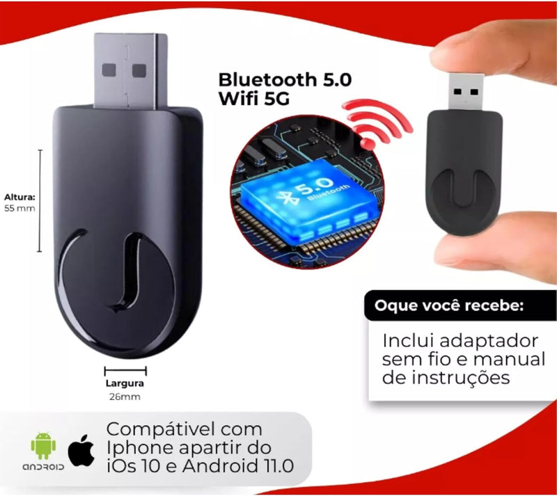 Adaptador Carplay e Android Auto Sem Fio Wireless Usb, Bluetooth 5.0 Premium
