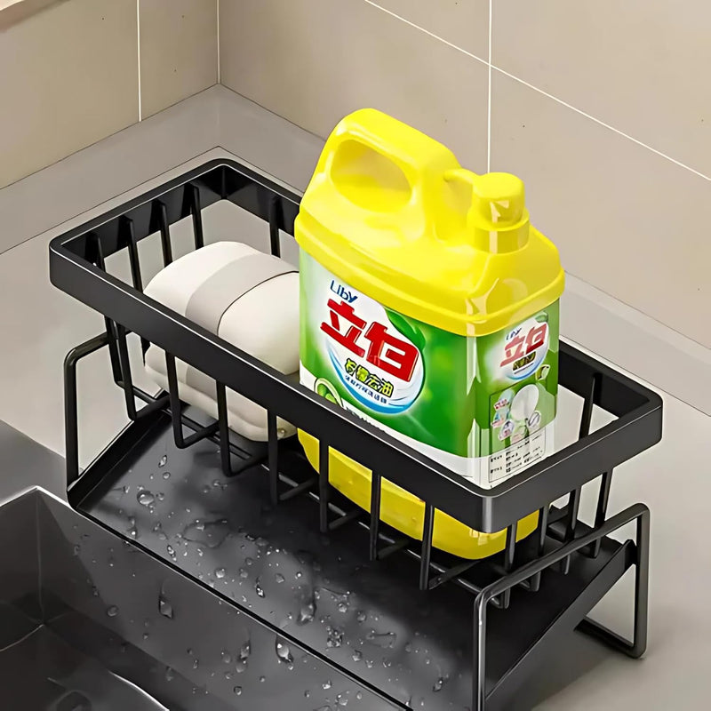 Suporte Organizador de Pia em Aço Carbono Preto | Porta Esponja, Sabão e Pano com Bandeja Antiferrugem | Instalação Sem Furos, Design Moderno e Compacto para Cozinha