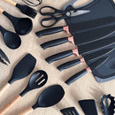 Conjunto de Utensílios de Cozinha 19 Peças em Silicone com Cabo de Madeira, Livre de BPA, Antiaderente e Resistente ao Calor (Branco)