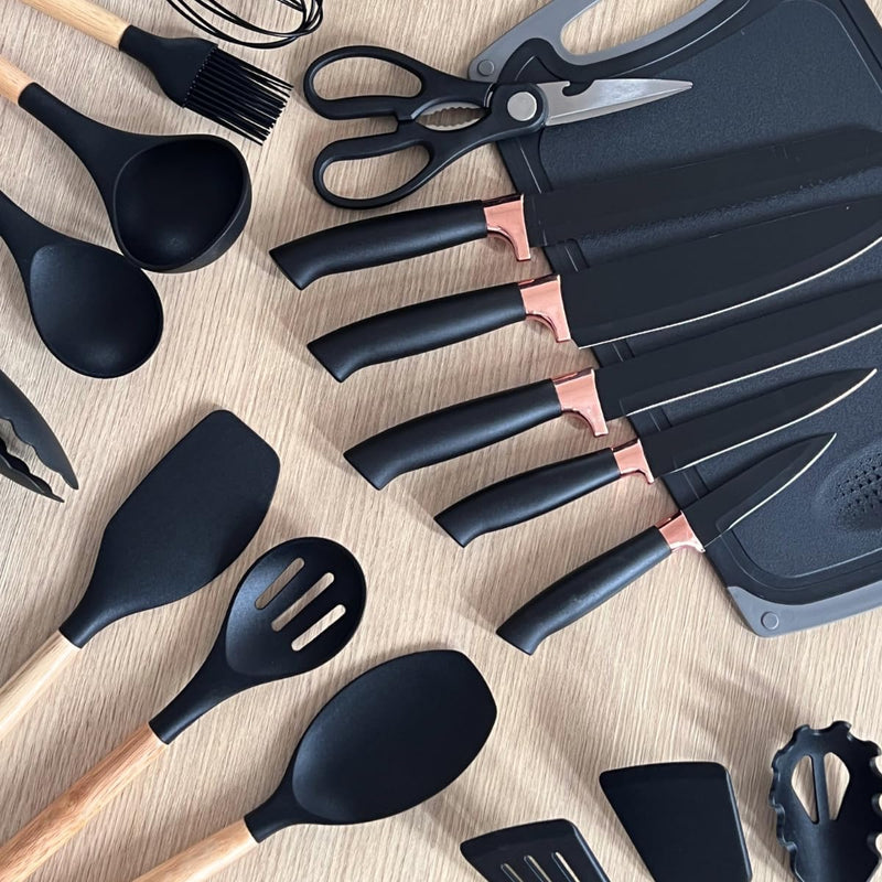 Conjunto de Utensílios de Cozinha 19 Peças em Silicone com Cabo de Madeira, Livre de BPA, Antiaderente e Resistente ao Calor (Branco)