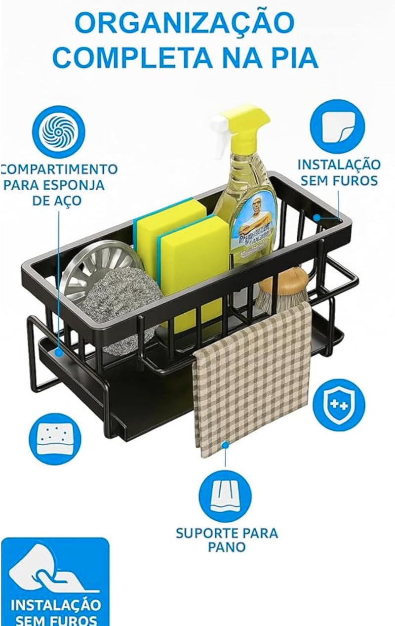 Suporte Organizador de Pia em Aço Carbono Preto | Porta Esponja, Sabão e Pano com Bandeja Antiferrugem | Instalação Sem Furos, Design Moderno e Compacto para Cozinha