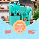 Conjunto de Utensílios de Cozinha 19 Peças em Silicone com Cabo de Madeira, Livre de BPA, Antiaderente e Resistente ao Calor (Branco)