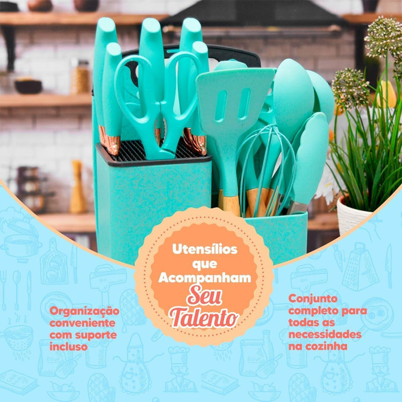 Conjunto de Utensílios de Cozinha 19 Peças em Silicone com Cabo de Madeira, Livre de BPA, Antiaderente e Resistente ao Calor (Branco)