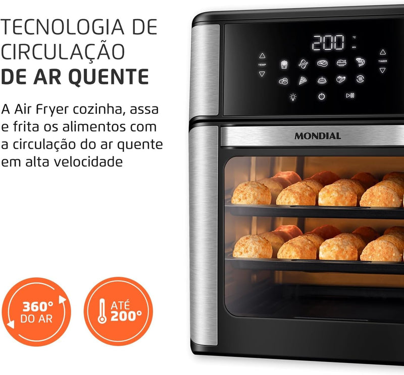 MONDIAL Fritadeira Air Fryer Forno Oven 12L, Preto/Inox, 2000W, 110V - AFON-12L-BI