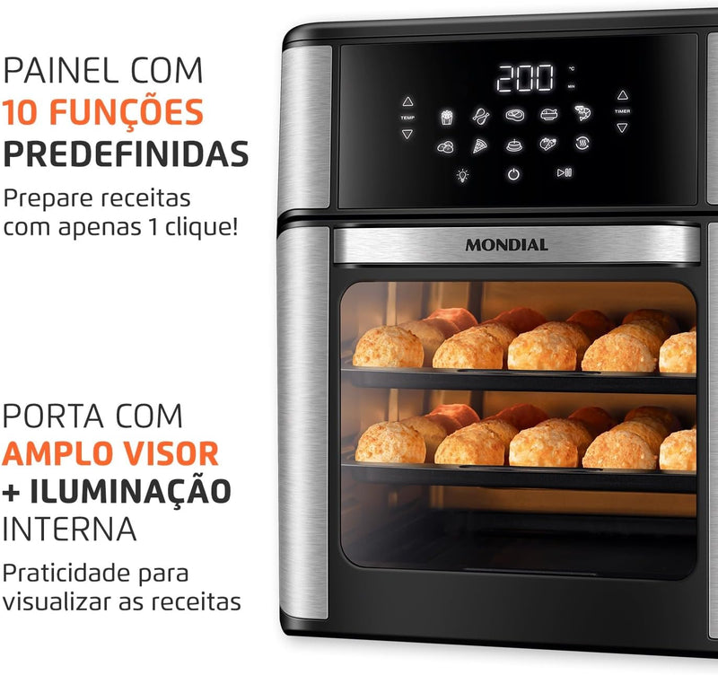 MONDIAL Fritadeira Air Fryer Forno Oven 12L, Preto/Inox, 2000W, 110V - AFON-12L-BI