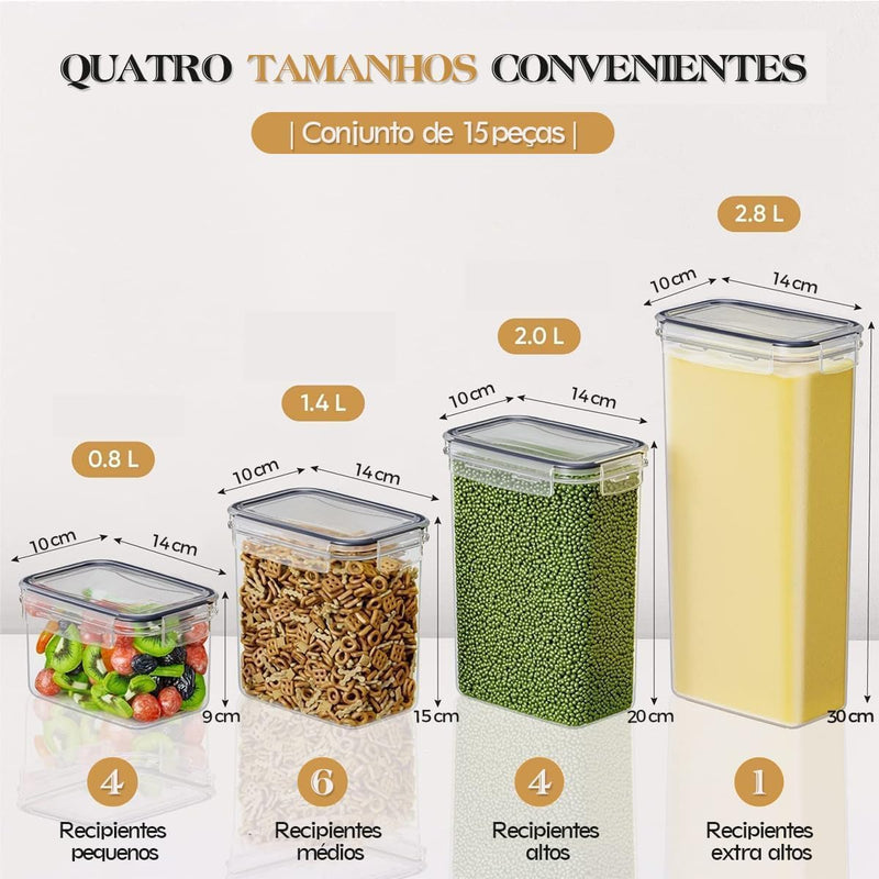 Kit 15 Potes Tampa Hermético - Porta Armazenamento de Alimentos Mantimentos Armário Cozinha (Kit 15)