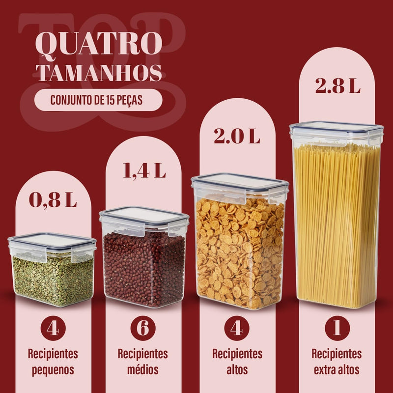 Kit Com 15 Potes Herméticos para Mantimentos, Plástico PP Transparente com Tampa Easy Lock, para Organização de Cozinha e Casa, Certificado CE e FDA