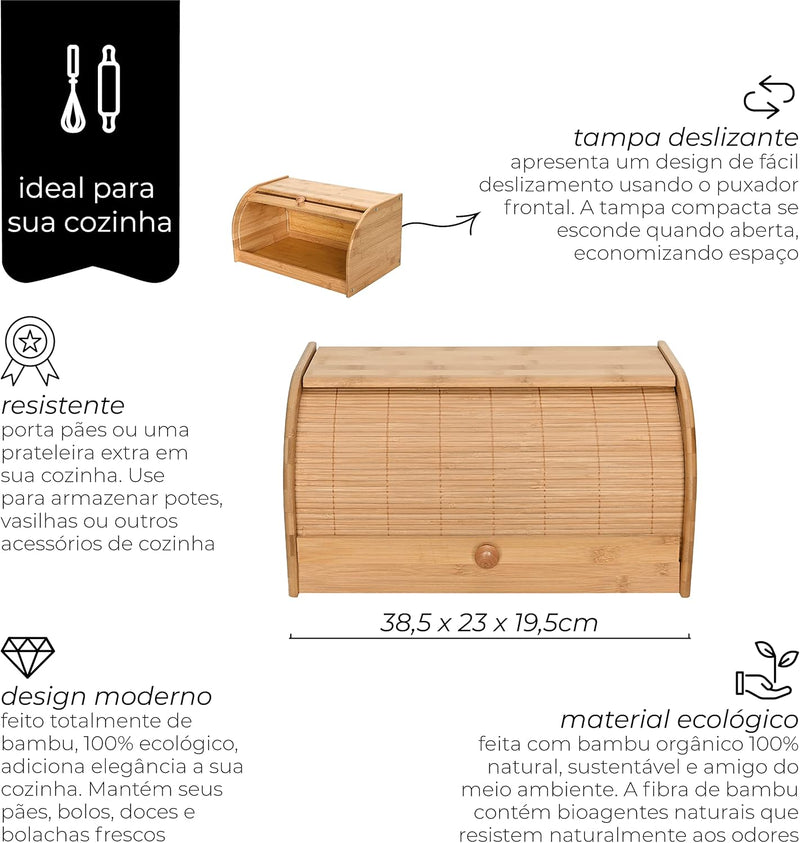 Mimo Style Porta Pães Com Tampa Retrátil Bambu Ecokitchen. Perfeita Para Armazenar Pães e Bolachas, Resistente, Durável e 100% Ecológica, Bege