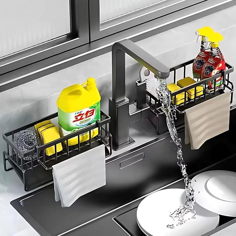 Suporte Organizador de Pia em Aço Carbono Preto | Porta Esponja, Sabão e Pano com Bandeja Antiferrugem | Instalação Sem Furos, Design Moderno e Compacto para Cozinha