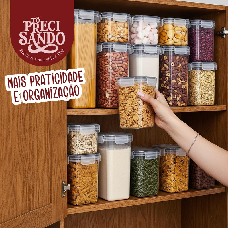 Kit Com 15 Potes Herméticos para Mantimentos, Plástico PP Transparente com Tampa Easy Lock, para Organização de Cozinha e Casa, Certificado CE e FDA