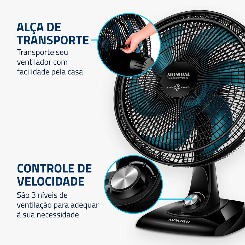 MONDIAL Ventilador de Mesa 40cm Super Power, Preto/Prata, 140W, 110V - VSP-40-B