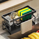 Suporte Organizador de Pia em Aço Carbono Preto | Porta Esponja, Sabão e Pano com Bandeja Antiferrugem | Instalação Sem Furos, Design Moderno e Compacto para Cozinha