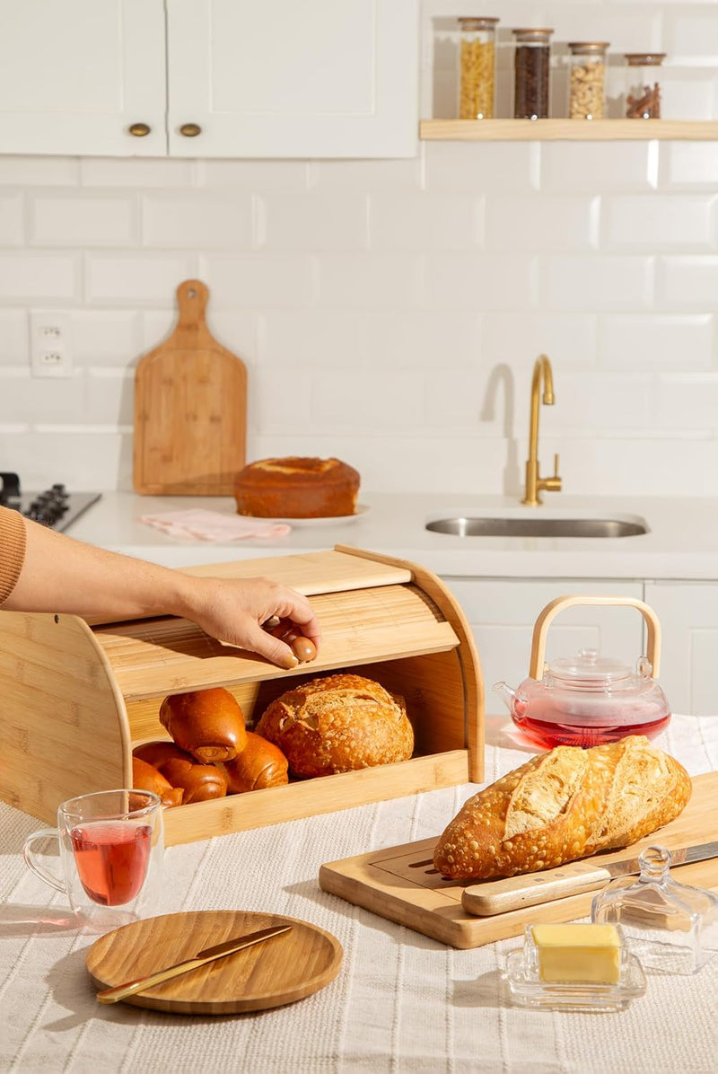 Mimo Style Porta Pães Com Tampa Retrátil Bambu Ecokitchen. Perfeita Para Armazenar Pães e Bolachas, Resistente, Durável e 100% Ecológica, Bege